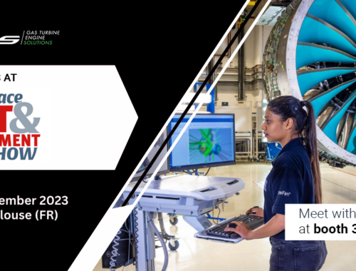 Banner promoting MDS exhibiting at Aerospace Test & Development Show 2023 with an image of engine manufacturers working on a large aviation engine.